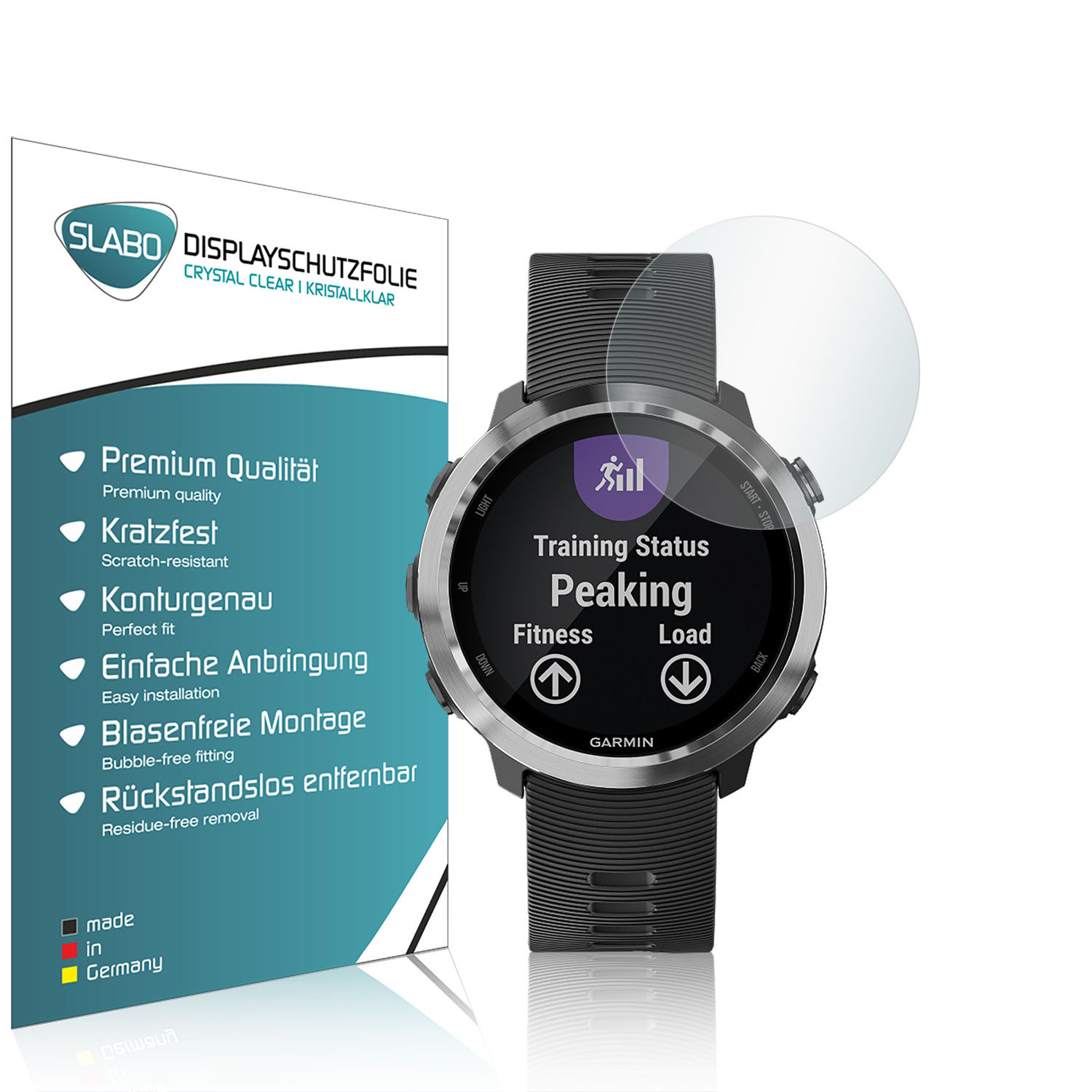 Smartwatch und Displayschutz. Schutz zeigt Fitnessdaten und ist in einer Box.