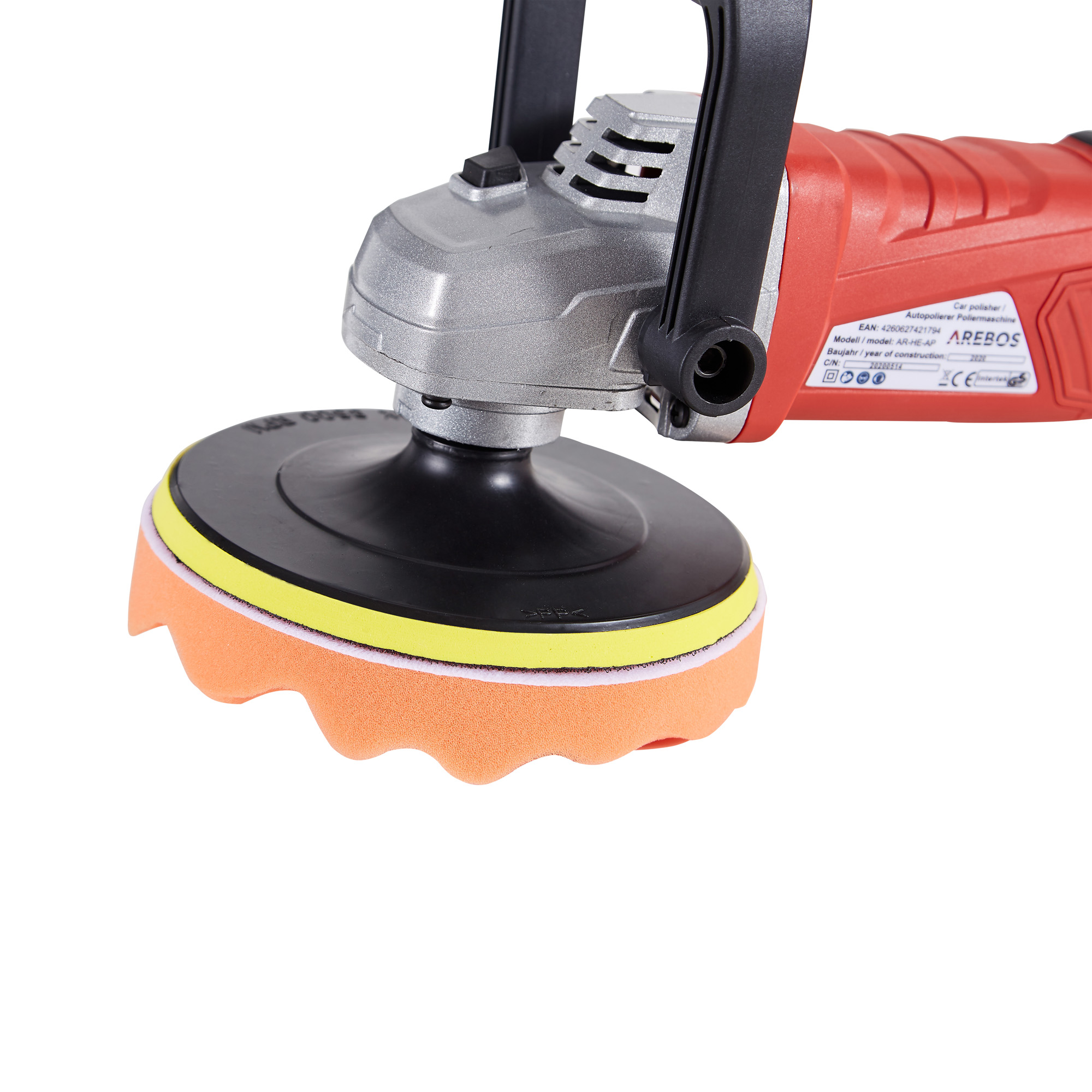 Eine Autopolier-Maschine mit orangefarbenen und gelben Schwammpads und einem schwarzen Griff.