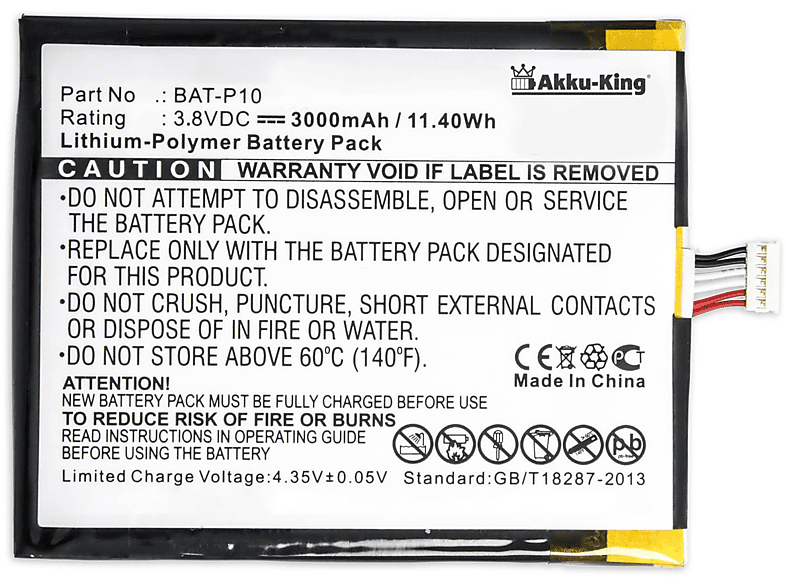 AKKU-KING Akku für Acer BAT-P10 Li-Polymer Handy-Akku, 3.8 Volt, 3000mAh