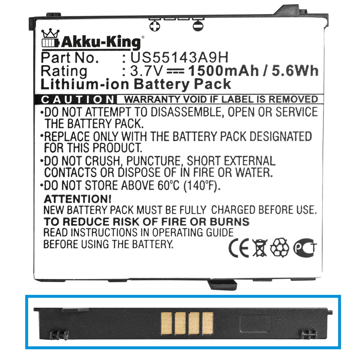 US55143A9H Li-Ion Handy-Akku, 3.7 AKKU-KING Volt, 1500mAh für Akku Acer