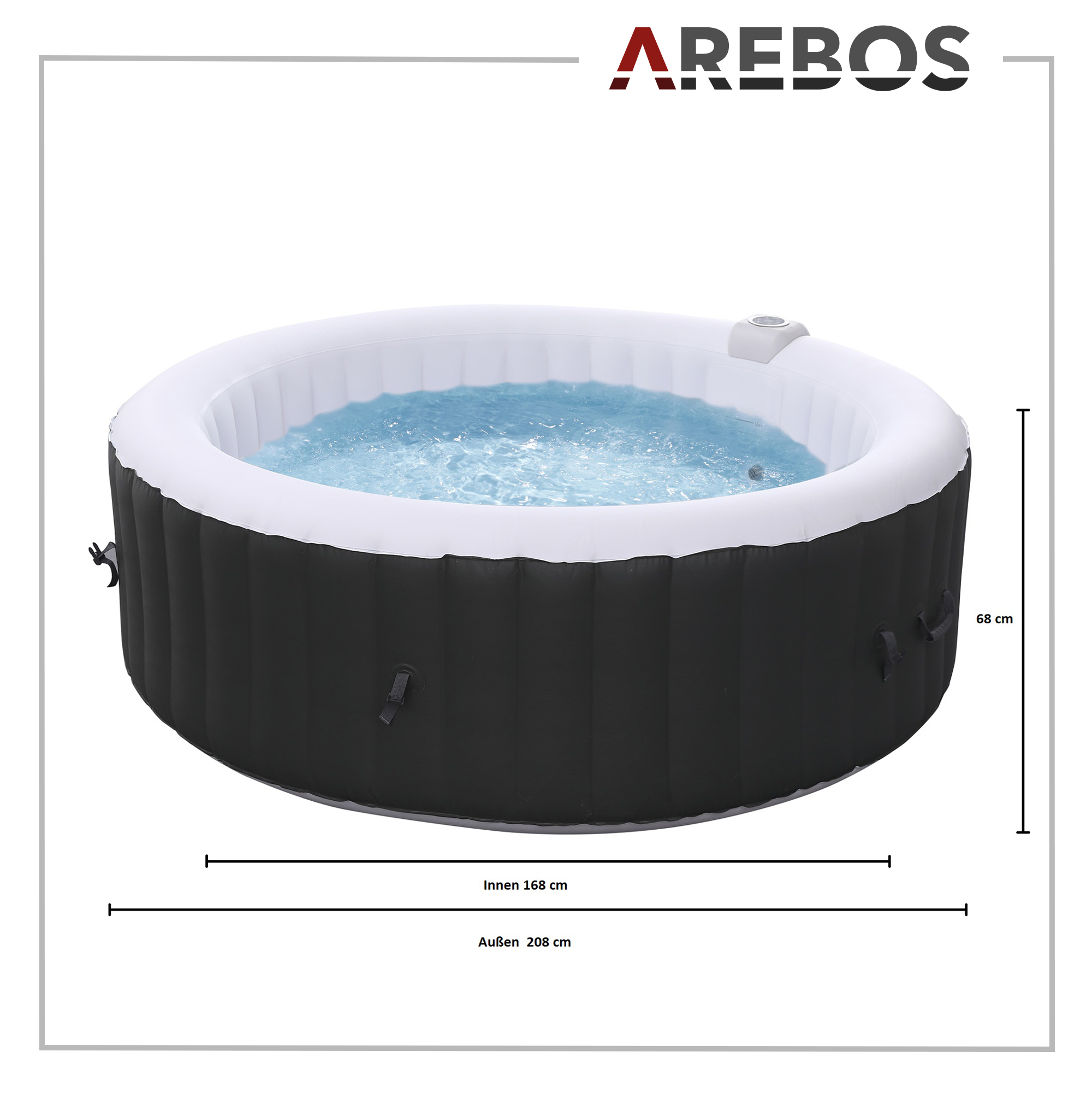 Aufblasbarer Whirlpool. Schwarz und weiß. Abmessungen beschriftet.
