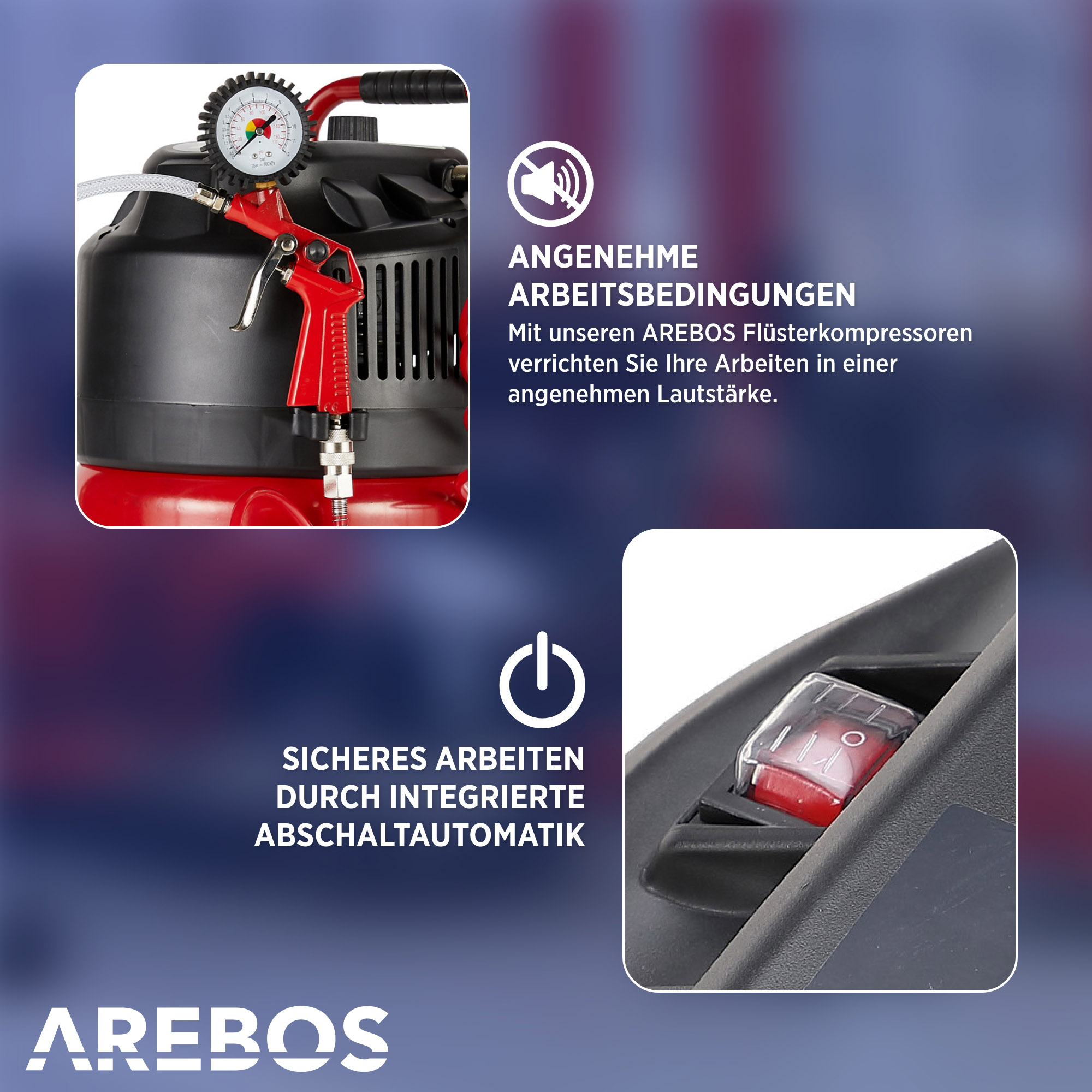Roter und schwarzer Luftkompressor mit Text und rotem Schalterdetail.