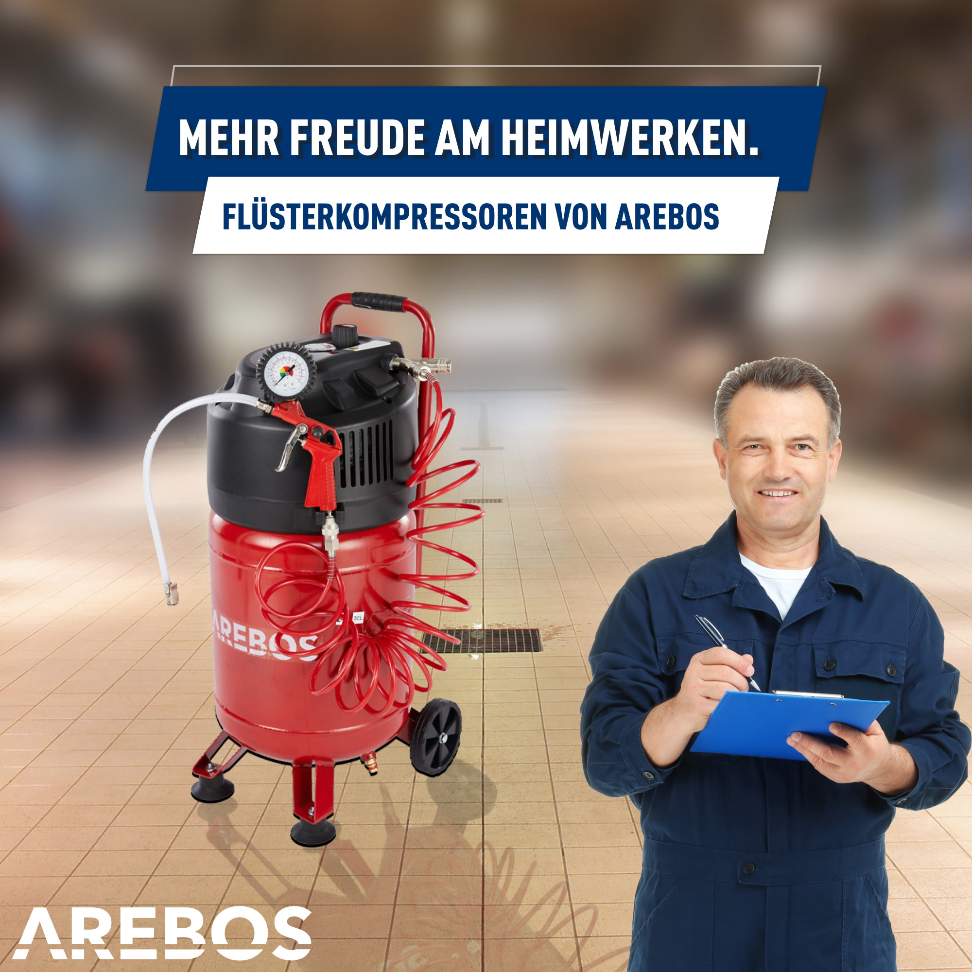 Roter Luftkompressor mit einem Mann, der einen Klemmbrett hält, Text: Mehr Freude am Heimwerken. Flüsterkompressoren von Arebos.