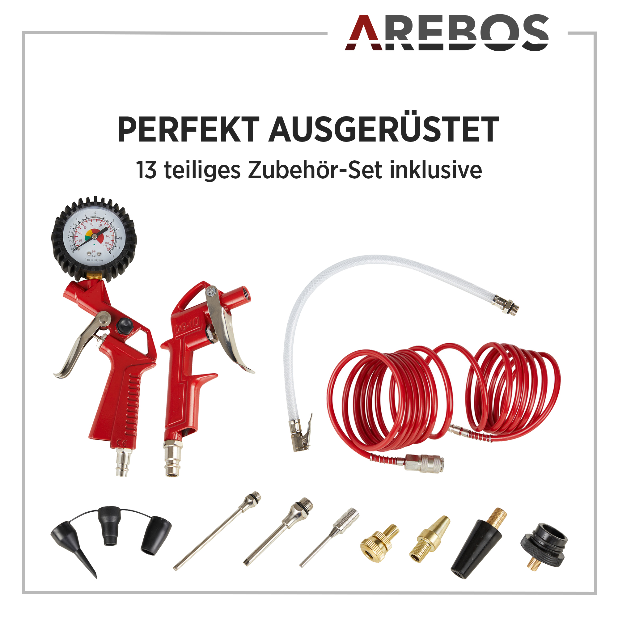 Eine Sammlung roter und silberner Luftwerkzeuge mit Manometer und Zubehör.