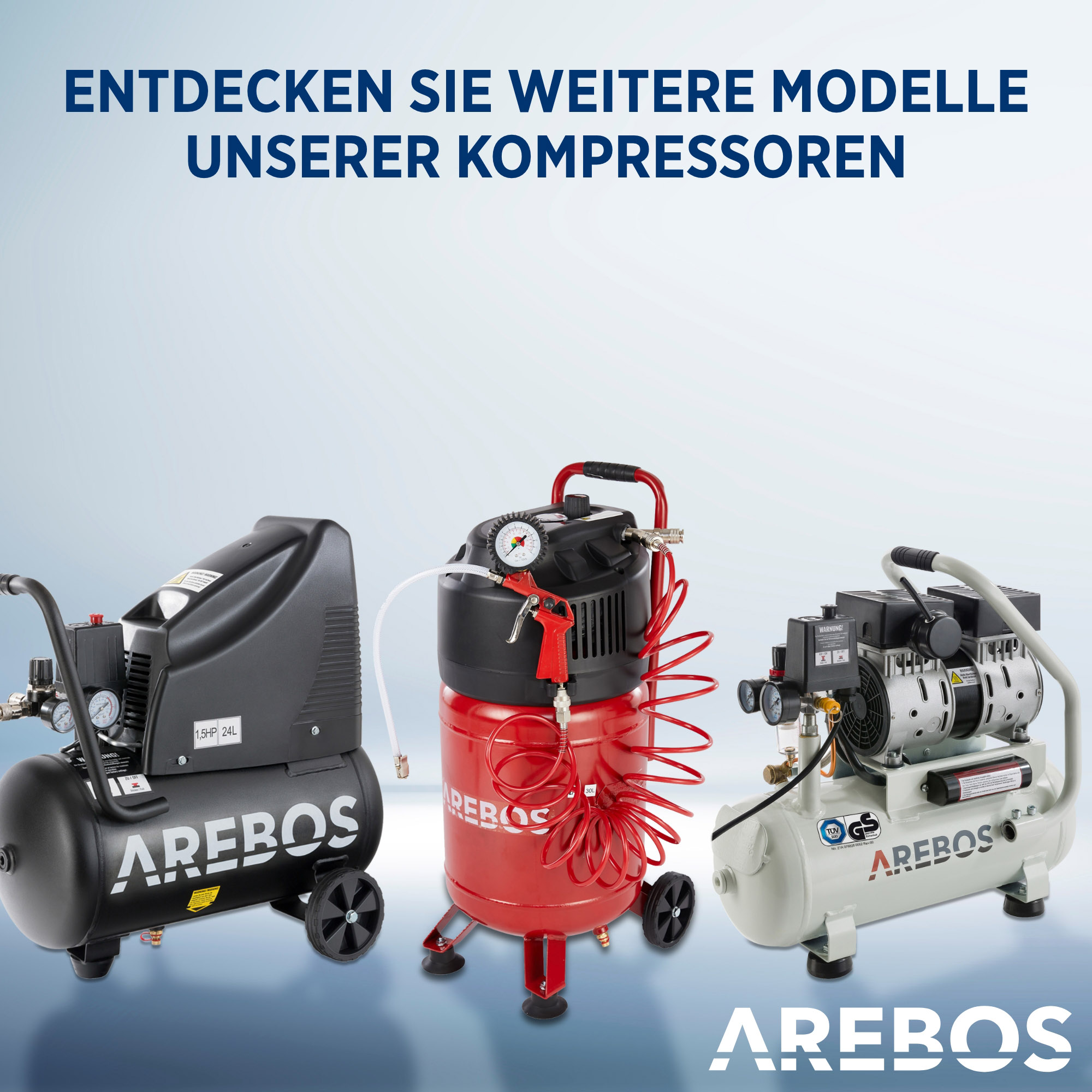 Drei verschiedene Luftkompressoren der Marke AREBOS. Sie stehen auf weißem Hintergrund.