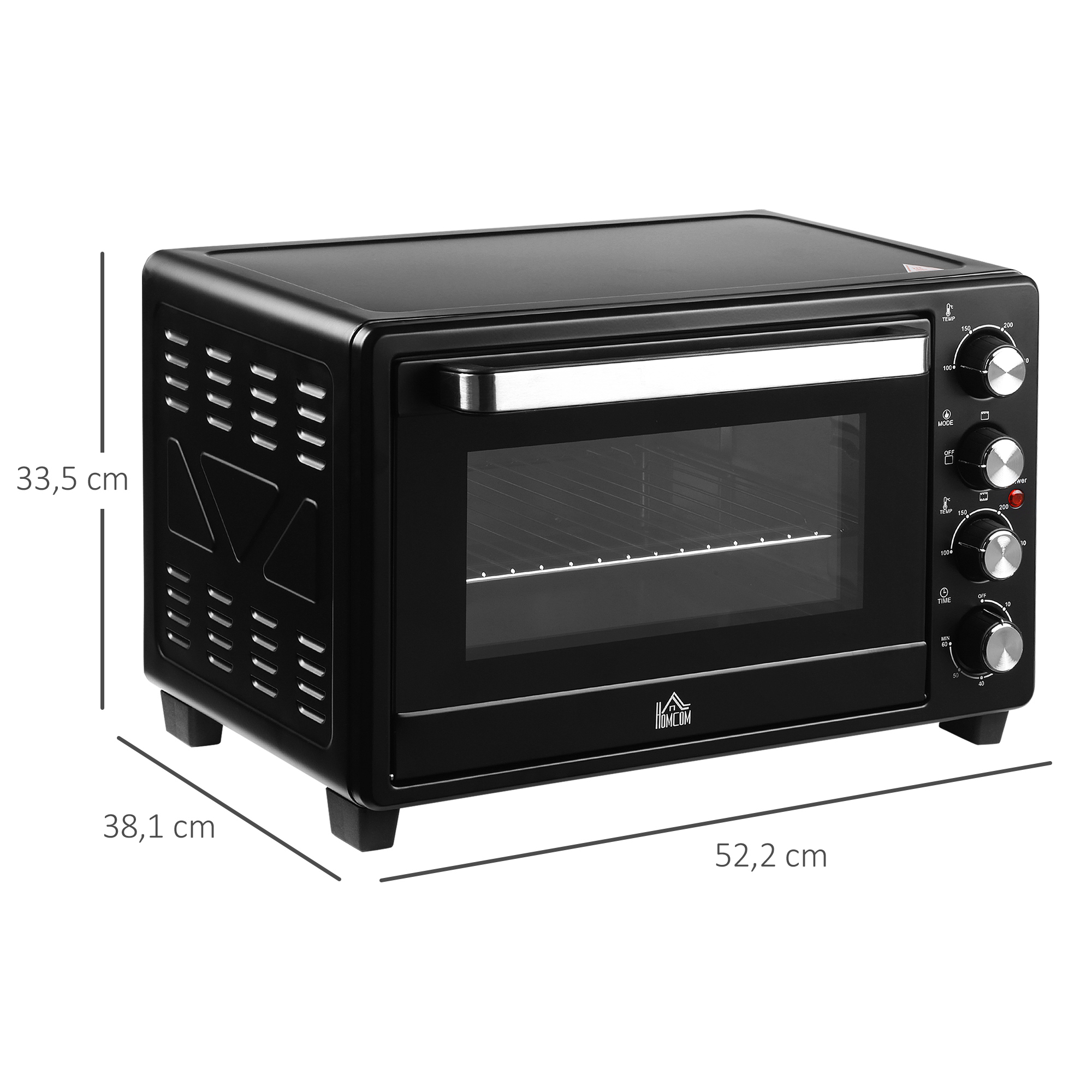 Un mini horno negro con puerta de cristal, perillas y dimensiones. Está en un estudio.