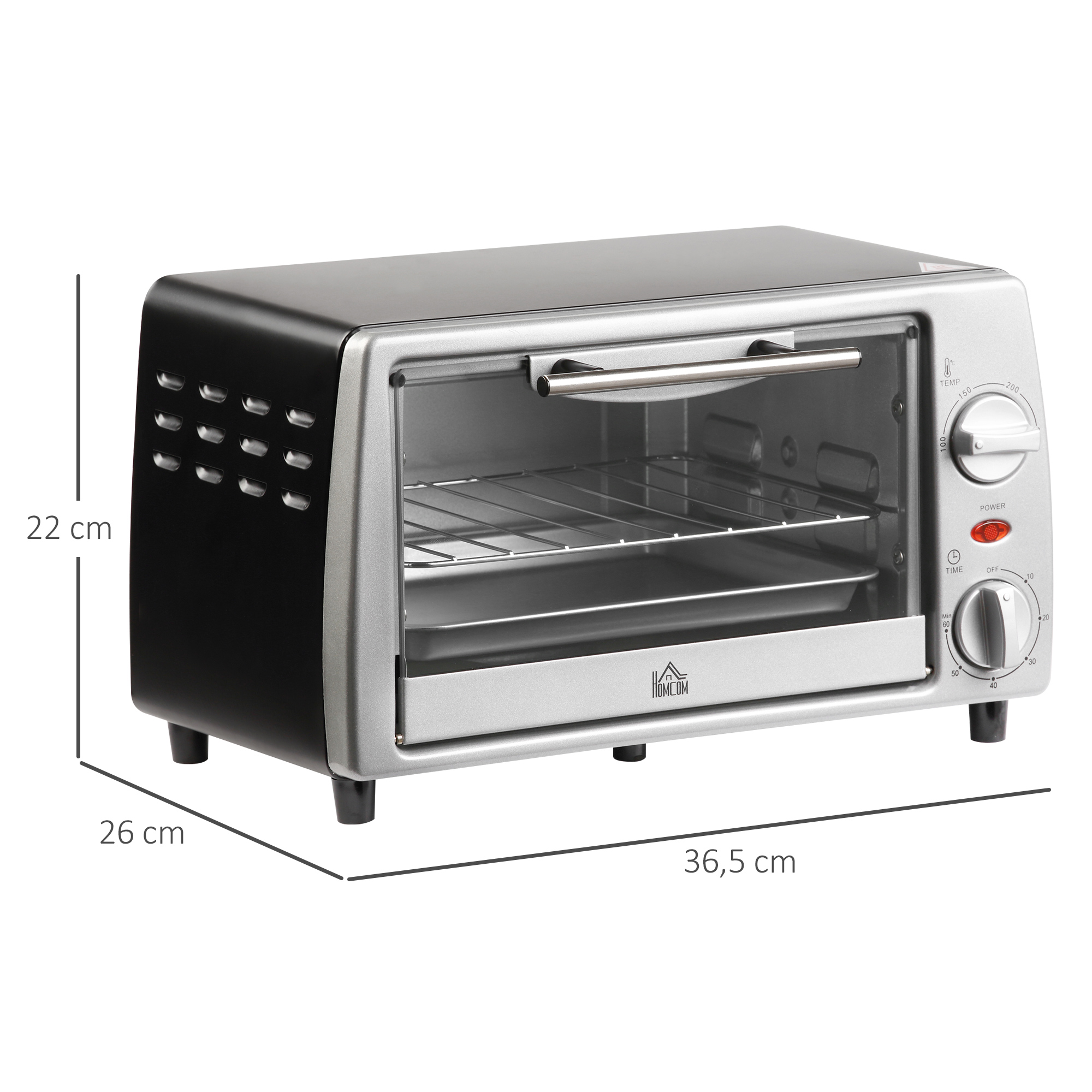Un horno tostador plateado y negro con dimensiones etiquetadas.