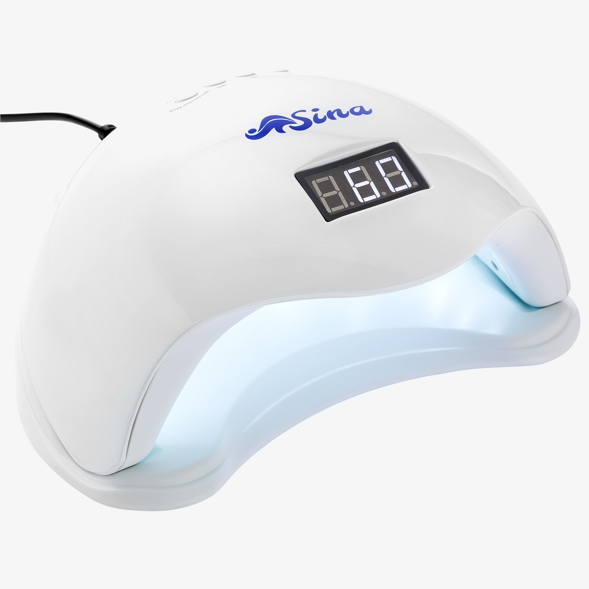 Eine weiße Nagelhärtungslampe mit Digitalanzeige. Die Lampe hat ein gebogenes Design. Der Hintergrund ist weiß.