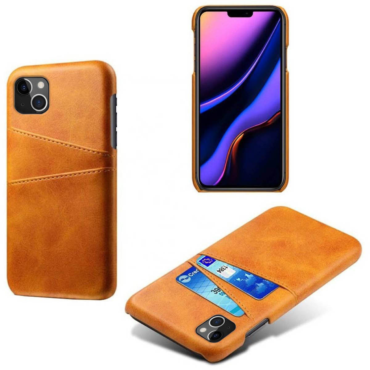 Braune Handyhülle mit Kartenfächern und einem Telefon, in drei verschiedenen Ansichten dargestellt.