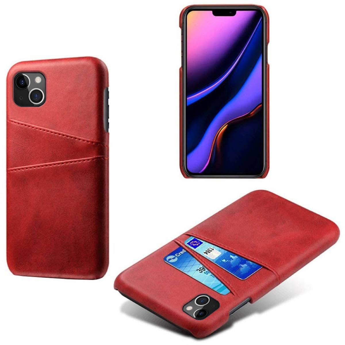Rote Handyhülle mit Kartenfächern. Telefon mit lila Bildschirm und Kamera darin.