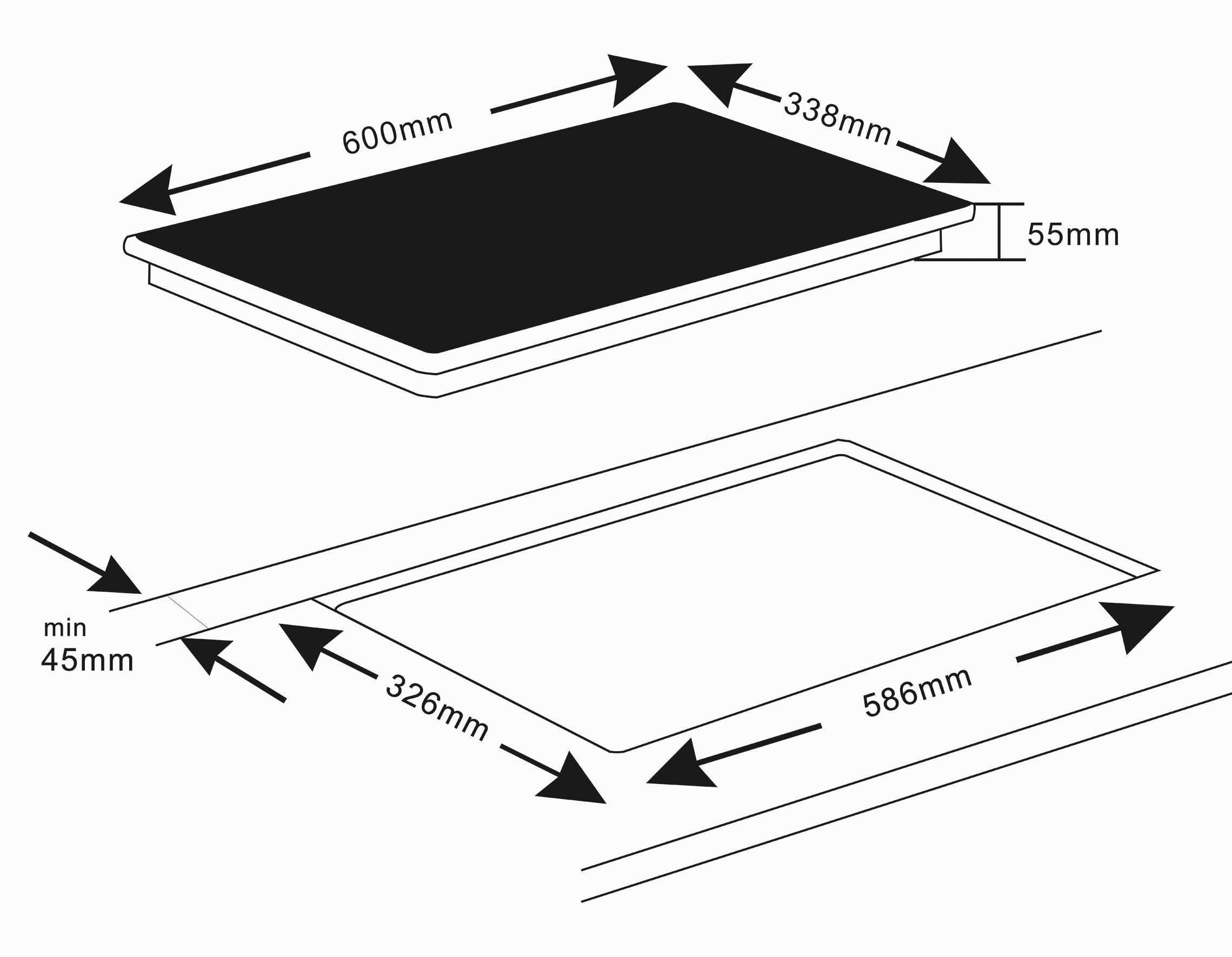 Diagramm mit Abmessungen für ein schwarzes Kochfeld. Enthält Messungen in Millimetern.