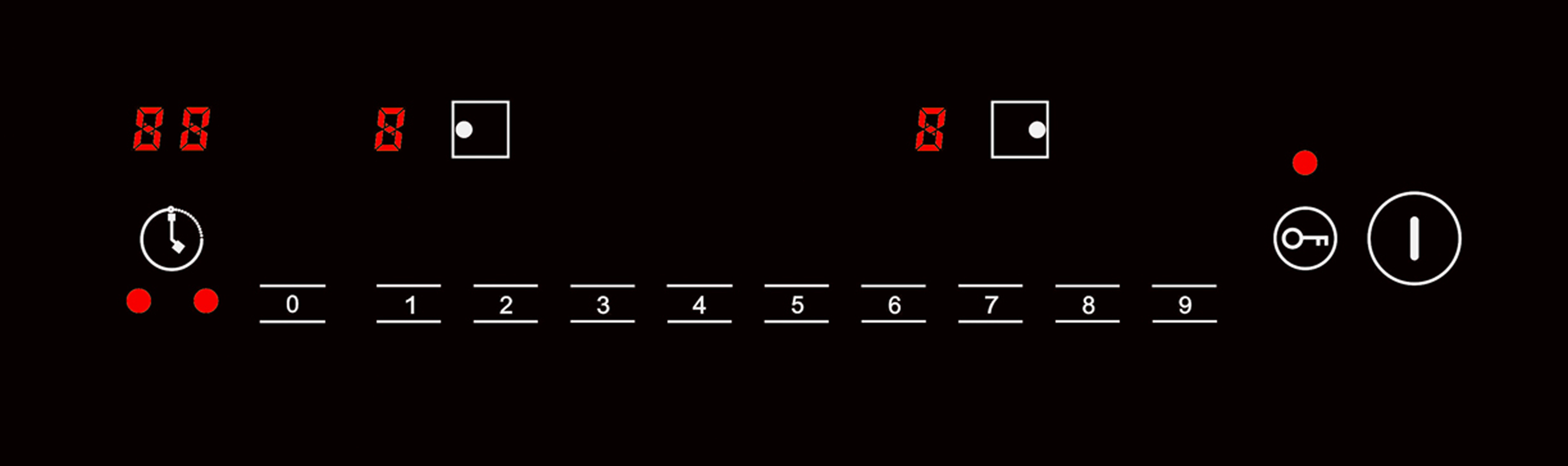 Schwarzes Bedienfeld mit roten Ziffern, Zeitsymbol und nummerierten Knöpfen.