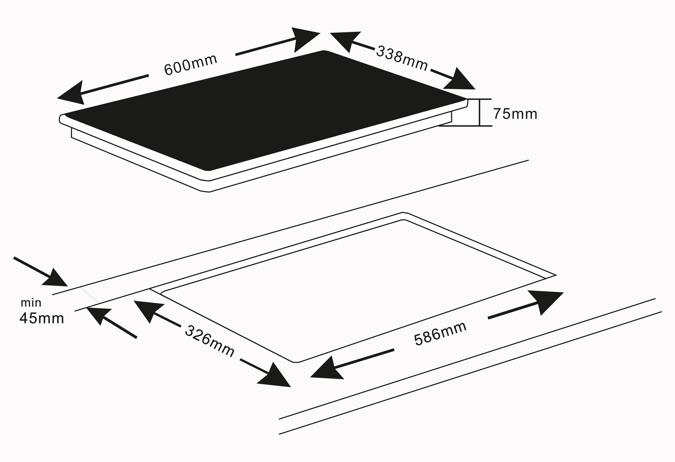 Diagramm mit den Abmessungen eines Induktionskochfelds, mit Maßen in Millimetern.