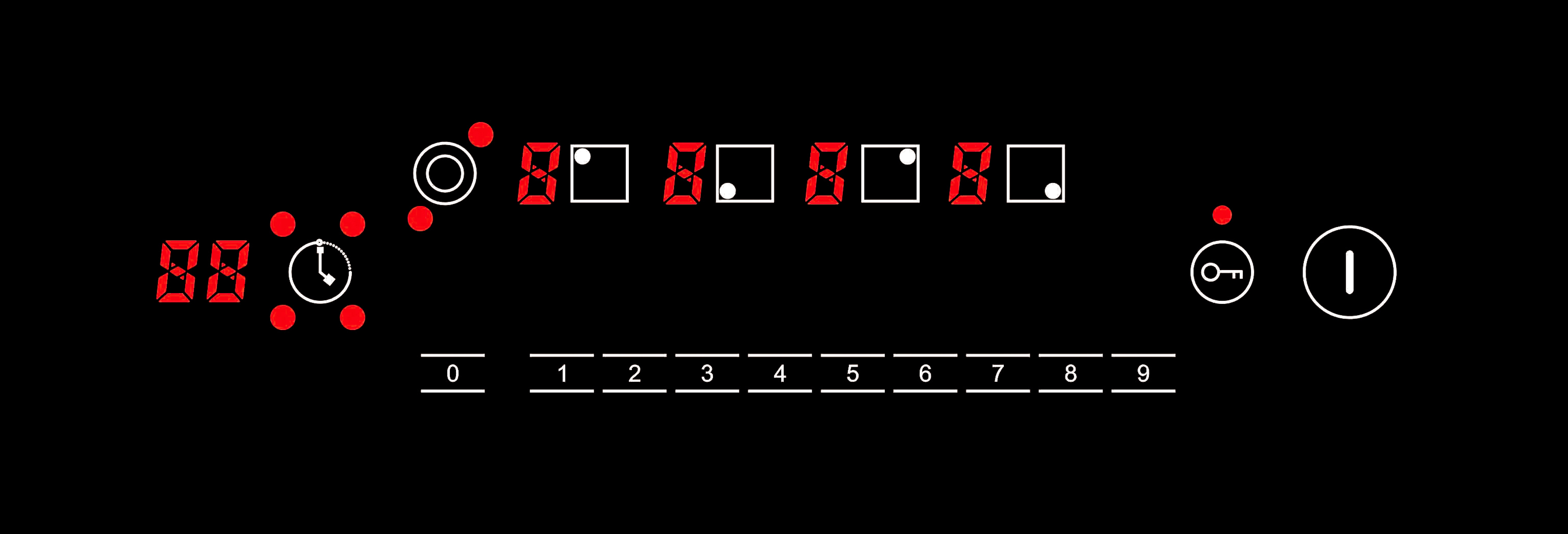Ein LCD-Display mit roten Ziffern und verschiedenen Symbolen auf schwarzem Hintergrund.