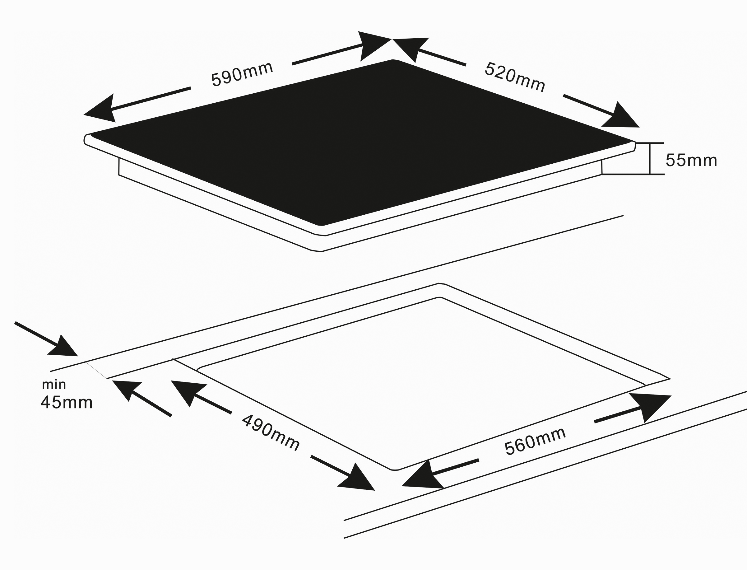 Diagramm eines schwarzen Kochfelds mit Abmessungen. Das Kochfeld hat eine schwarze Oberfläche und ist in eine Arbeitsplatte eingelassen.