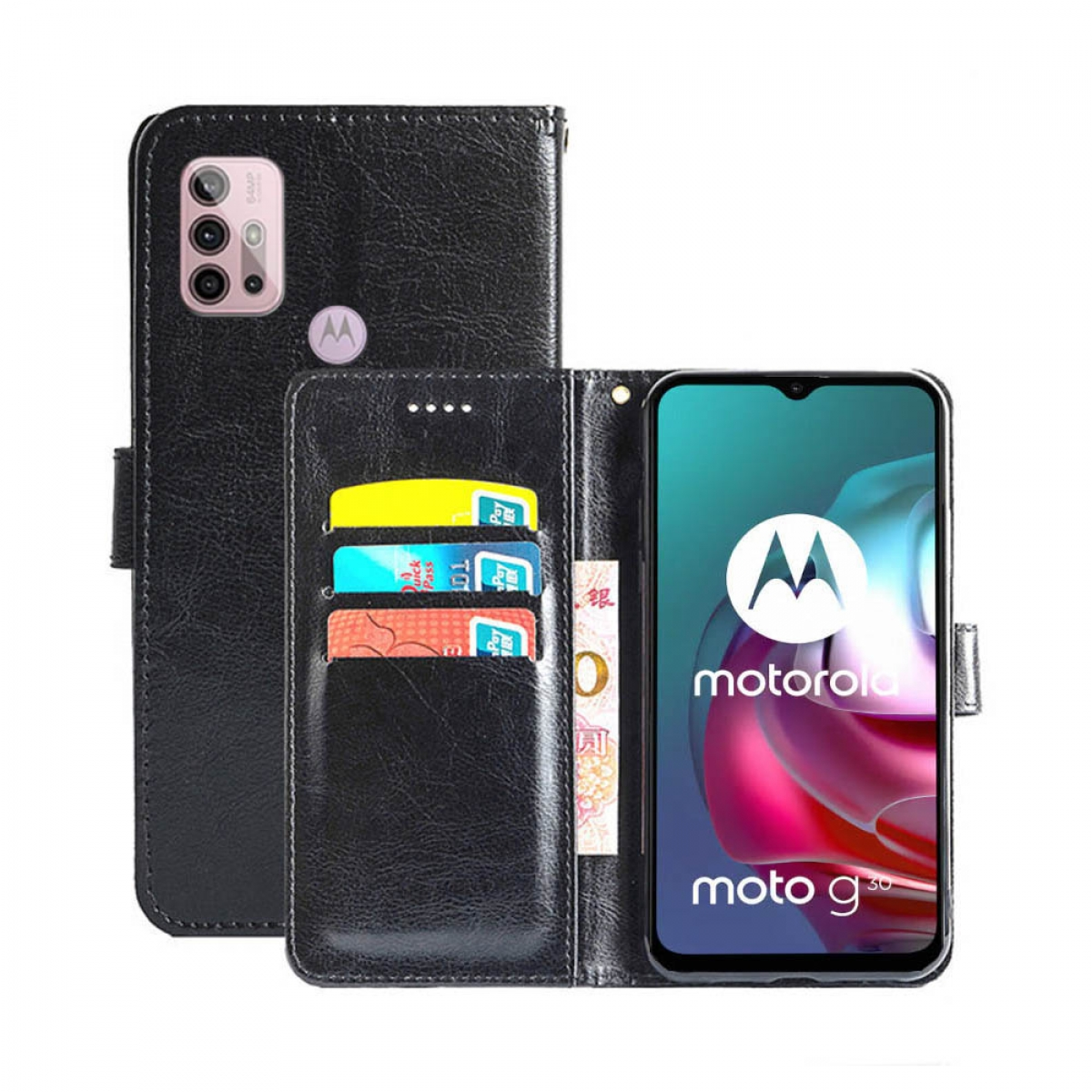 Motorola, Moto Klappbare Multicolor Bookcover, CASEONLINE Schwarz, - G30,