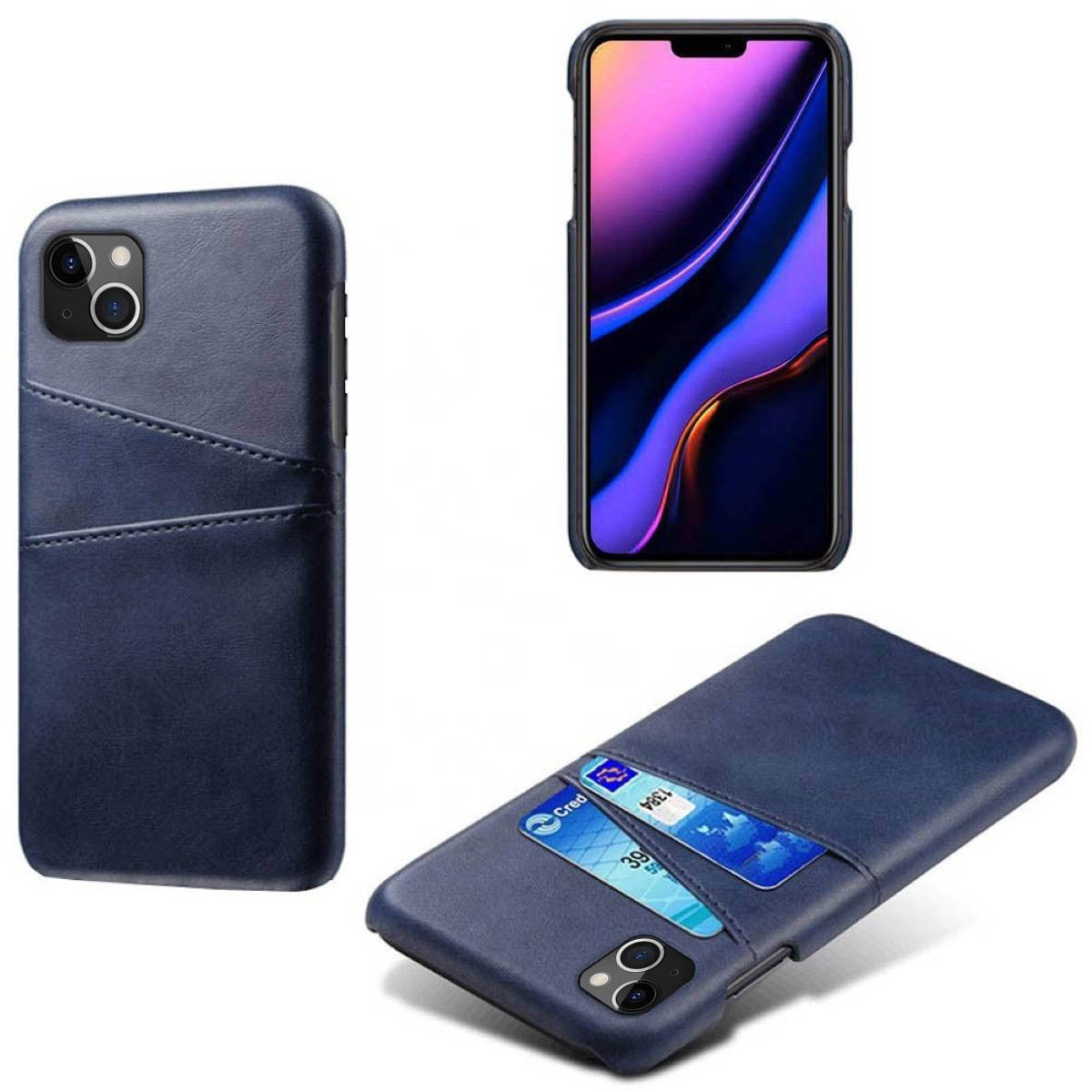 Dunkelblaue Handyhülle mit Telefon. Die Hülle ist offen, mit Karten und Telefon. Der Bildschirm ist an.
