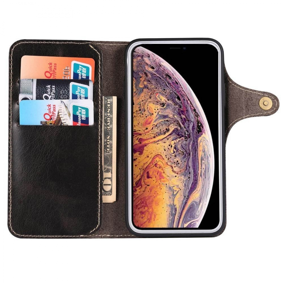 Multicolor Schwarz, iPhone Leder Apple, 12 Bookcover, - CASEONLINE Mini,