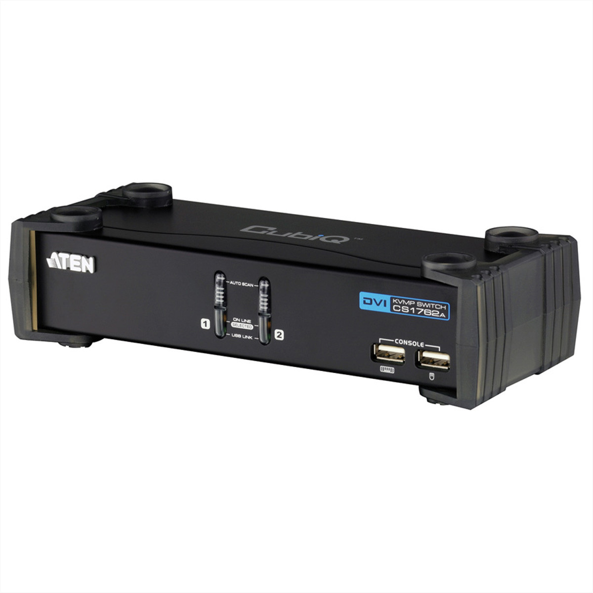 Schwarzer ATEN DVI KVMP-Switch mit Knöpfen und Anschlüssen auf Weiß. Hat den Markennamen CubiQ.