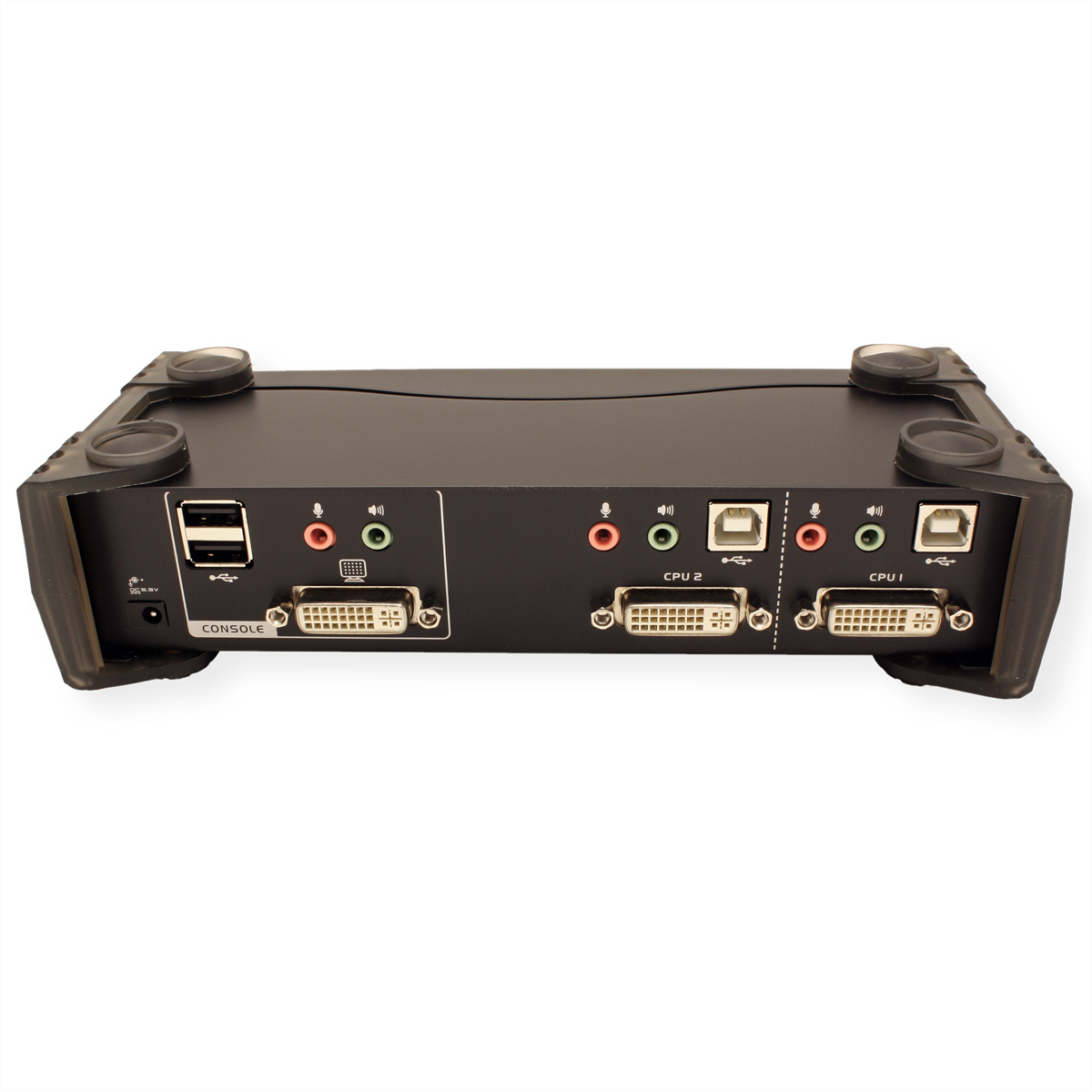 Schwarzer KVM-Switch mit mehreren Anschlüssen für Konsole, CPU 1 und CPU 2.