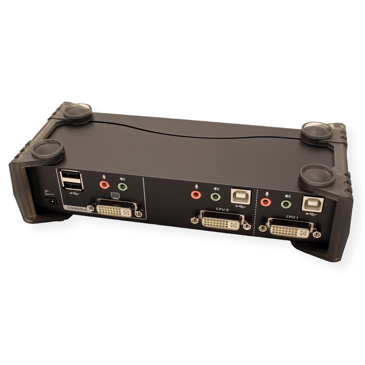 Ein schwarzer KVM-Switch mit mehreren Anschlüssen. Weißer Hintergrund.