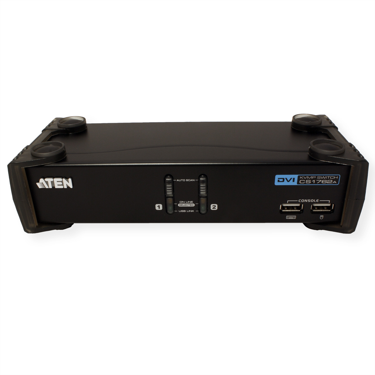Schwarzer KVM-Switch mit Konsolenanschlüssen und Steuertasten.
