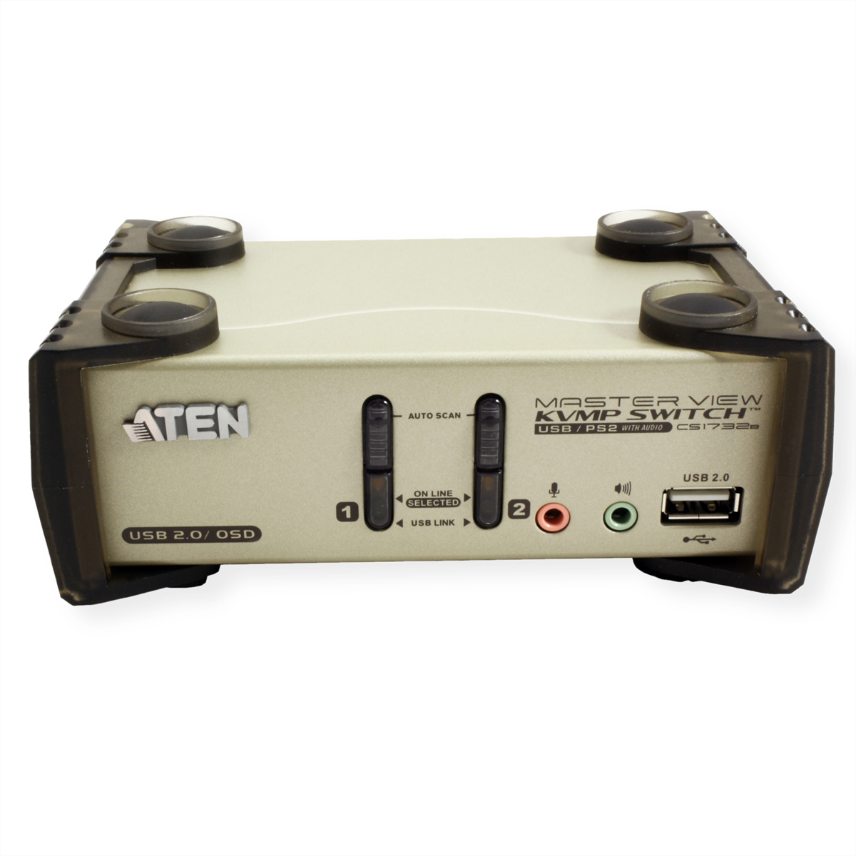 Silberner KVM-Switch mit Tasten. Text: ATEN, USB 2.0, Auto Scan, 1, 2, USB 2.0/OSD.