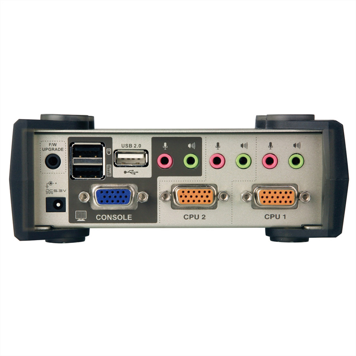 Rückansicht eines silber-schwarzen KVM-Switches mit mehreren Anschlüssen.