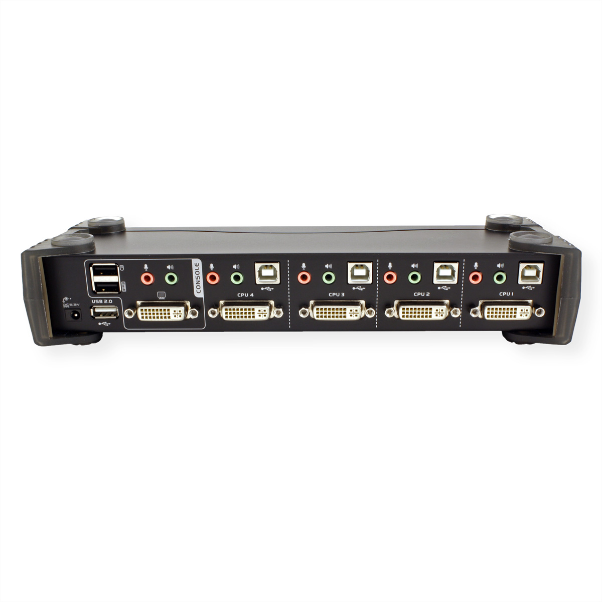 Schwarzer KVM-Switch mit mehreren Anschlüssen und Steckern, auf weißem Hintergrund.