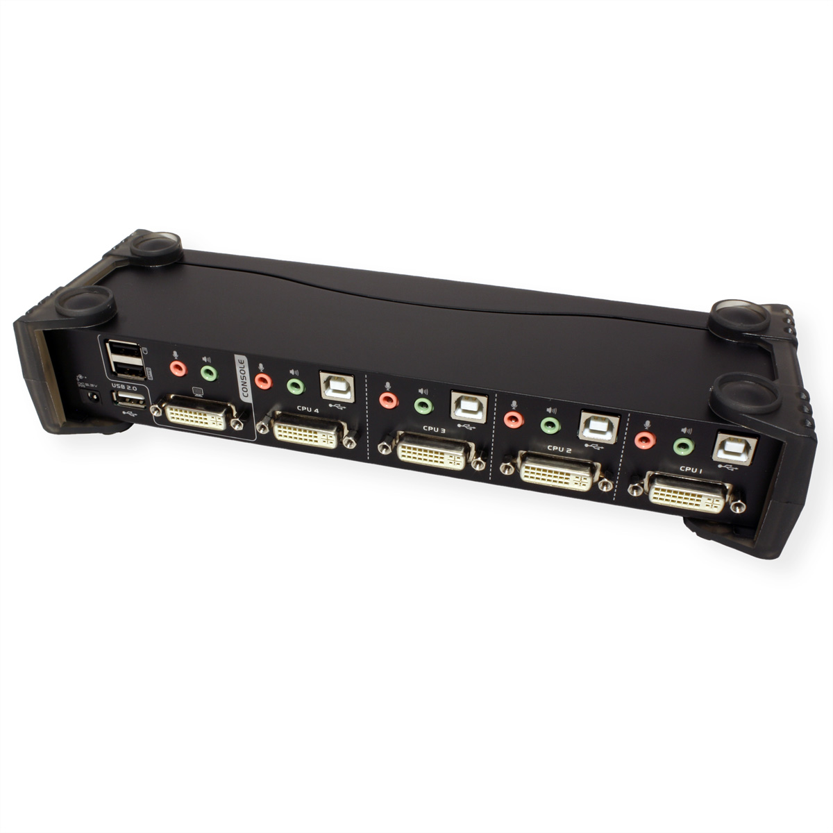 Schwarzes KVM-Switch-Gerät mit mehreren Anschlüssen und Steckern auf der Vorder- und Rückseite.