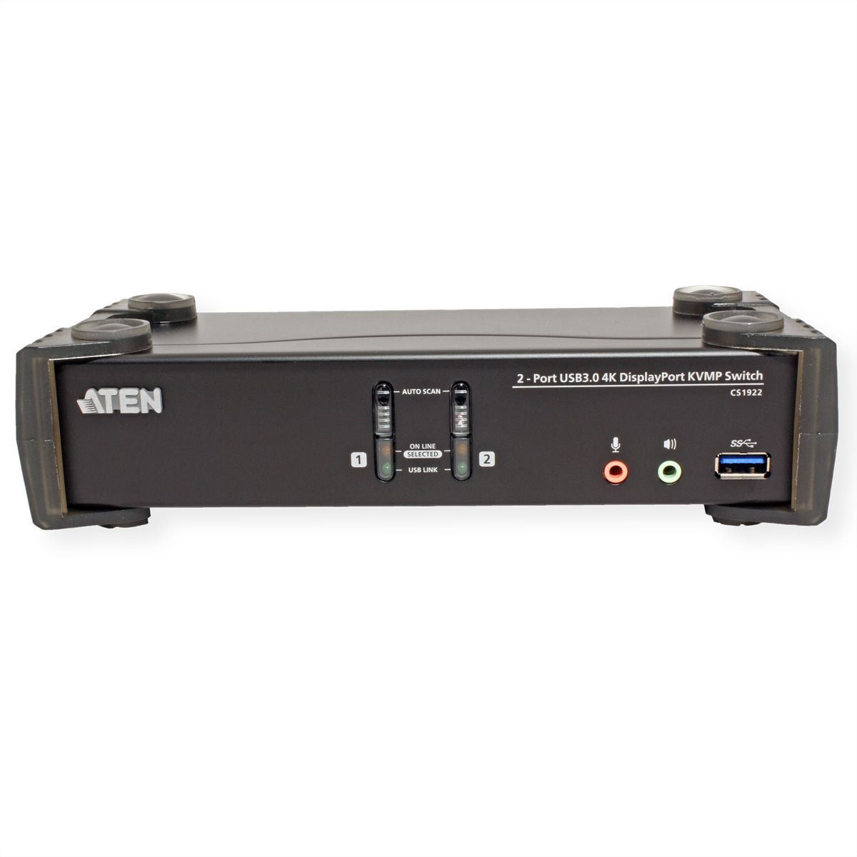 Schwarzes Gerät mit USB- und anderen Anschlüssen, bezeichnet als 2-Port USB3.0 4K DisplayPort.