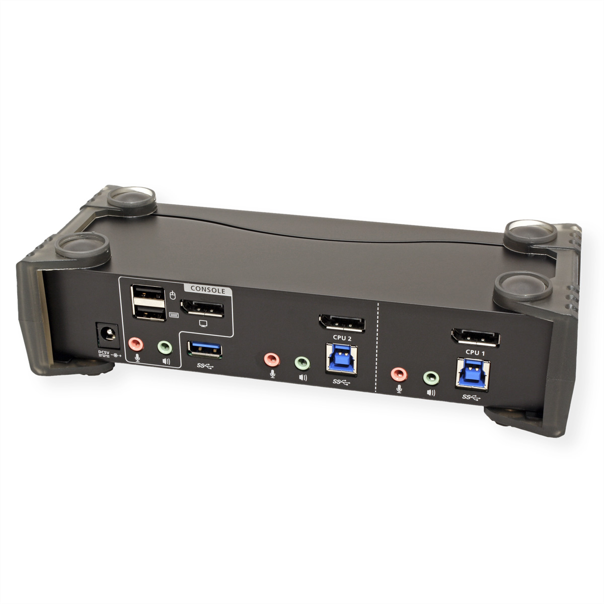 Schwarzer KVM-Switch mit mehreren Anschlüssen und Steckern. Die Oberseite hat Saugnäpfe.