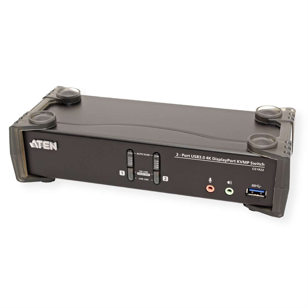Schwarzer 2-Port USB 3.0 4K DisplayPort KVM-Switch mit Tasten.