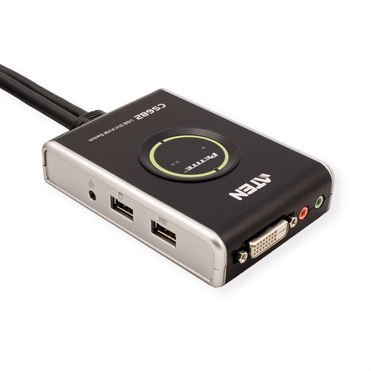 Schwarzer und silberner KVM-Switch mit mehreren Anschlüssen und Tasten.