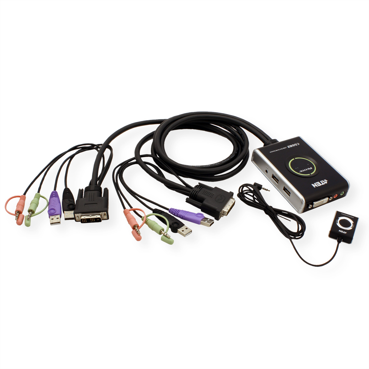 Ein Gerät mit mehreren Kabeln und Anschlüssen, darunter VGA, USB und Audioanschlüsse.
