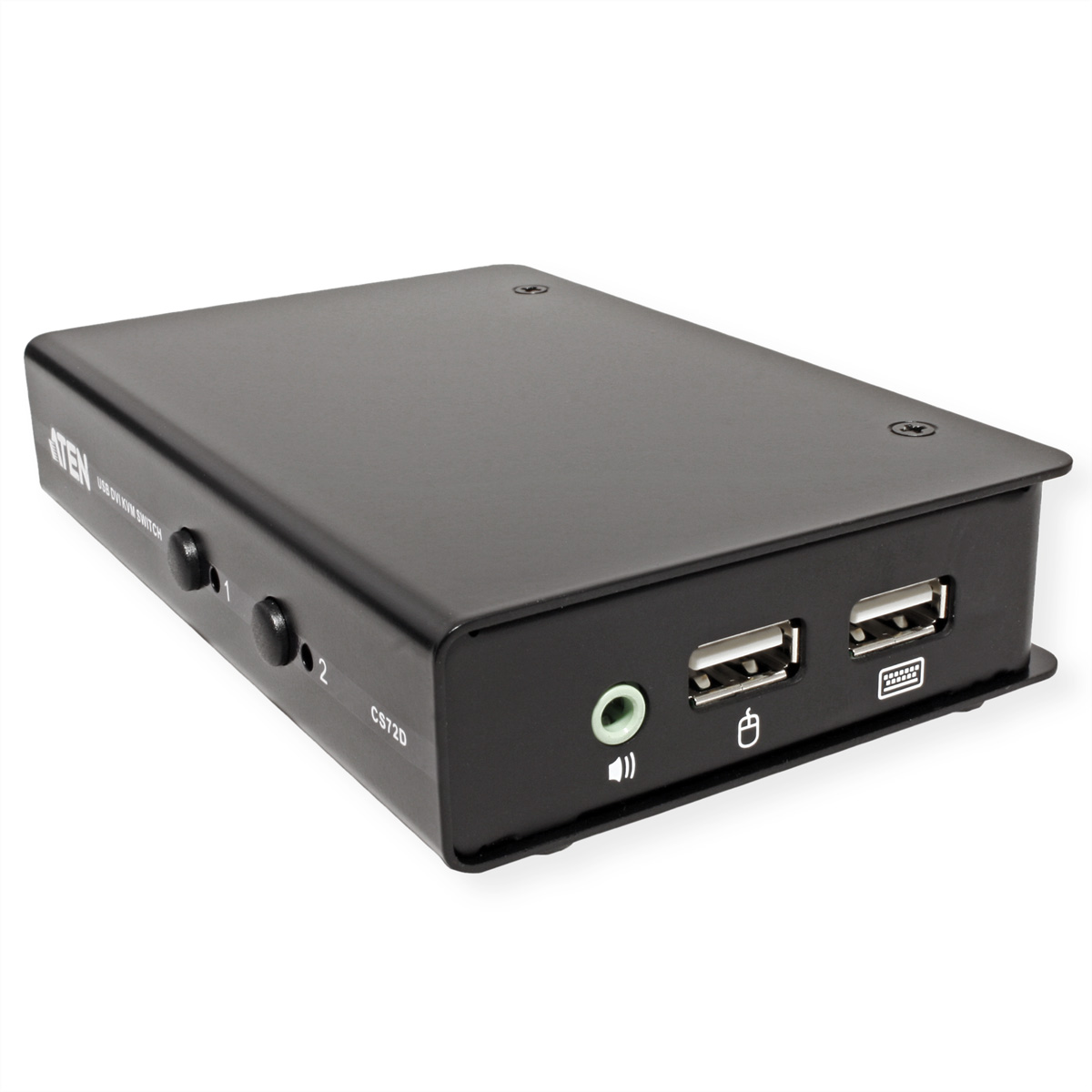 Schwarzer USB-2-Port-Switch mit Kopfhöreranschluss und USB-Ports.