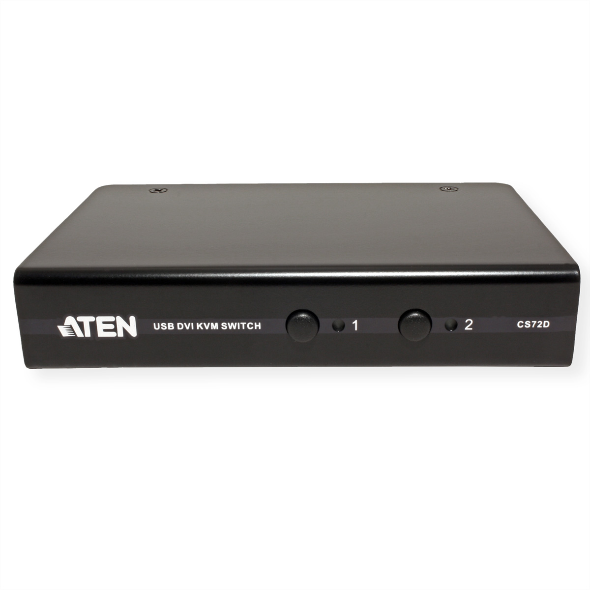 Ein schwarzer KVM-Switch mit der Marke ATEN, zwei Tasten und dem Text USB DVI KVM SWITCH.