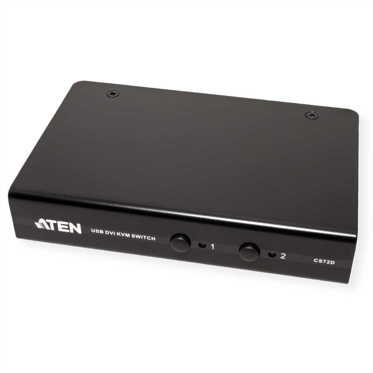 Schwarzer ATEN USB DVI KVM-Switch, mit zwei Tasten und beschrifteten Anschlüssen.
