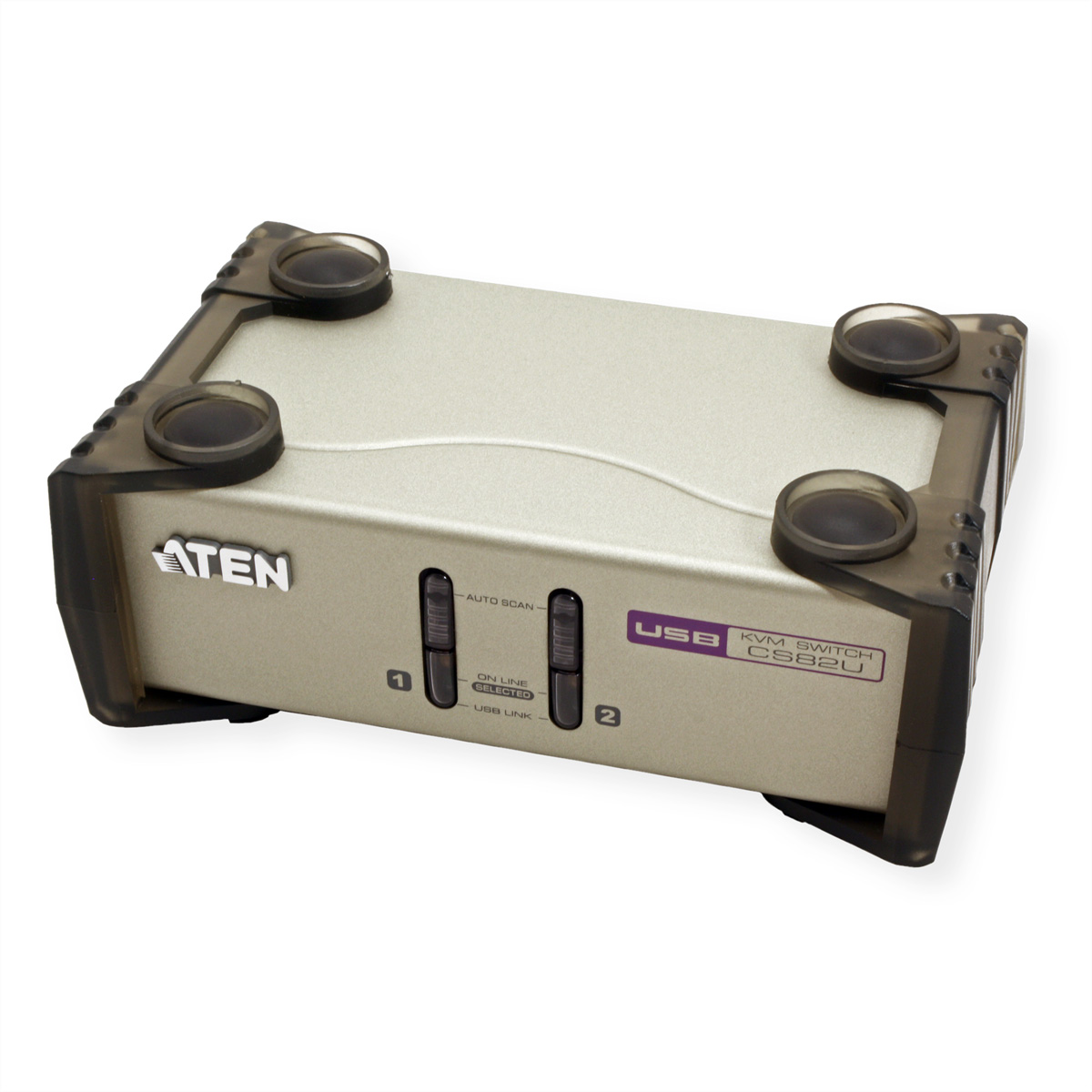 Silberner KVM-Switch mit schwarzen Kunststoffecken. USB- und Auto-Scan-Tasten.