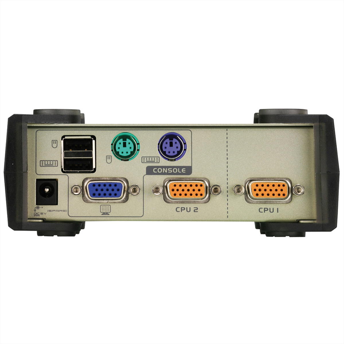 Rückseite eines Geräts mit verschiedenen Anschlüssen: USB, VGA, Konsole und CPU. Es hat einen Stromeingang.