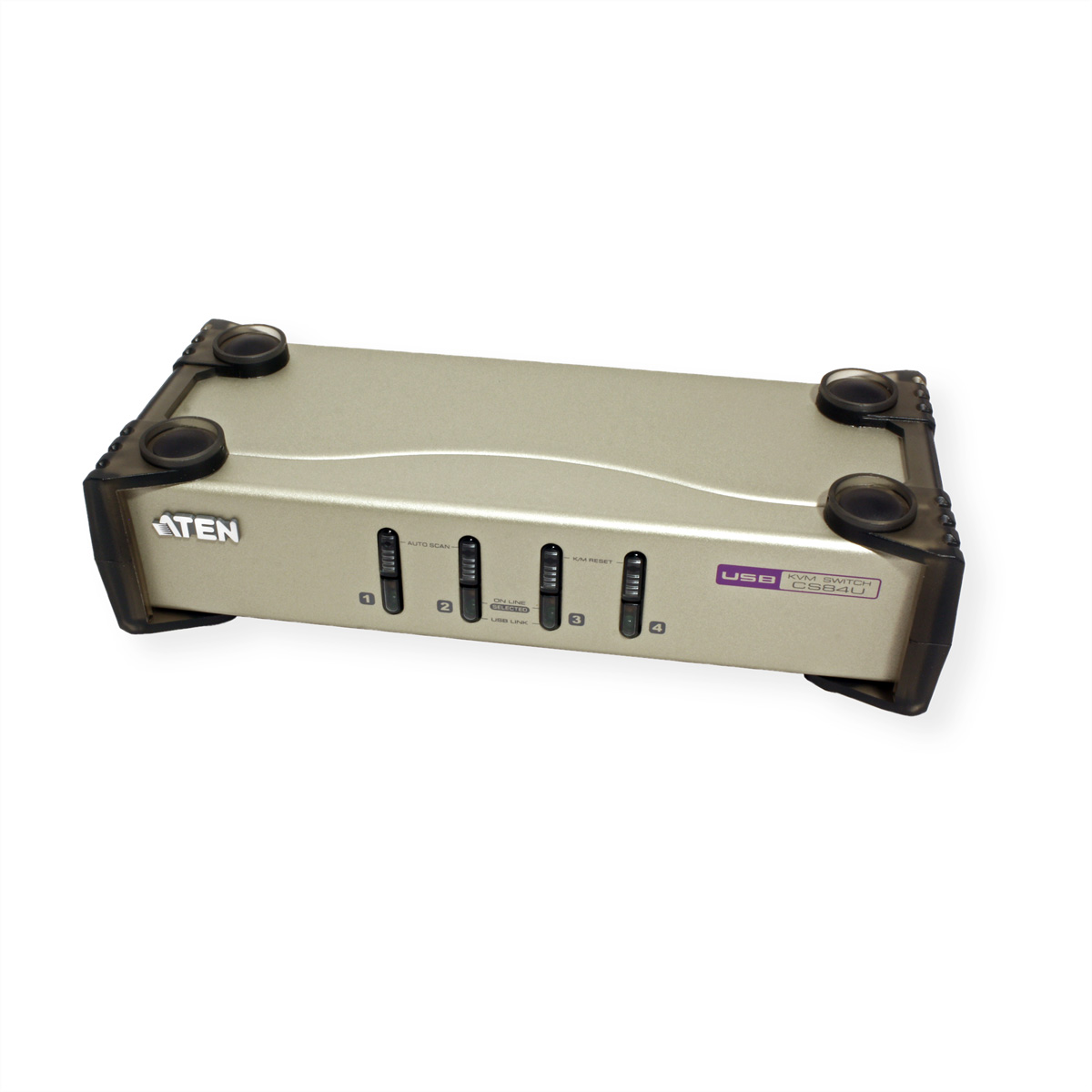 Ein silberner USB-Switch mit vier Anschlüssen und schwarzen Gummifüßen auf weißem Hintergrund.