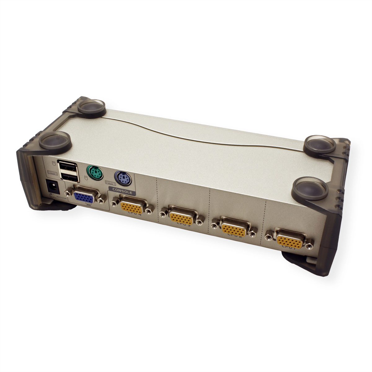 Ein silberner KVM-Switch mit Anschlüssen.