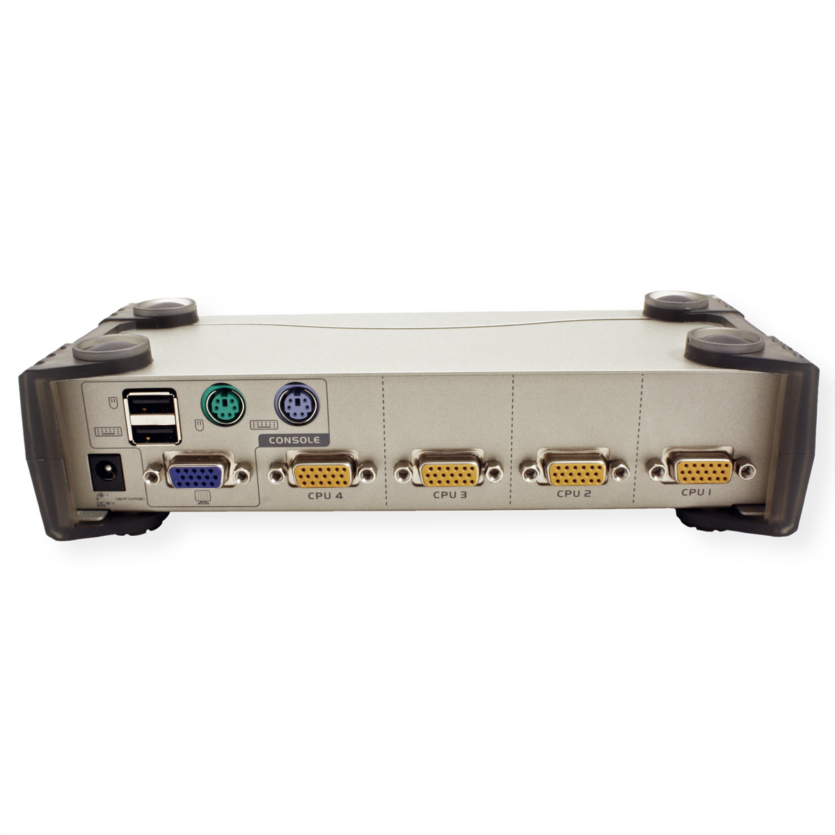 Silberner KVM-Switch mit CPU-Anschlüssen. Anschlüsse mit CPU 1, 2, 3 und 4 beschriftet.