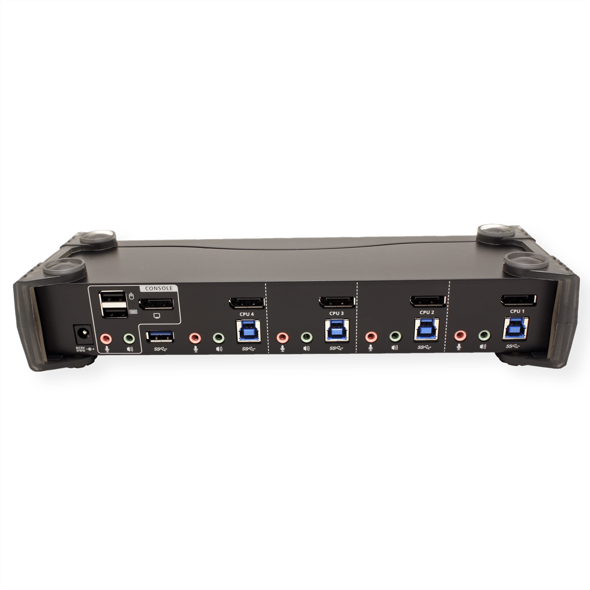 Ein schwarzer KVM-Switch mit Anschlüssen für Konsole und vier CPUs. Er verfügt über Anschlüsse für USB, Audio und Display.