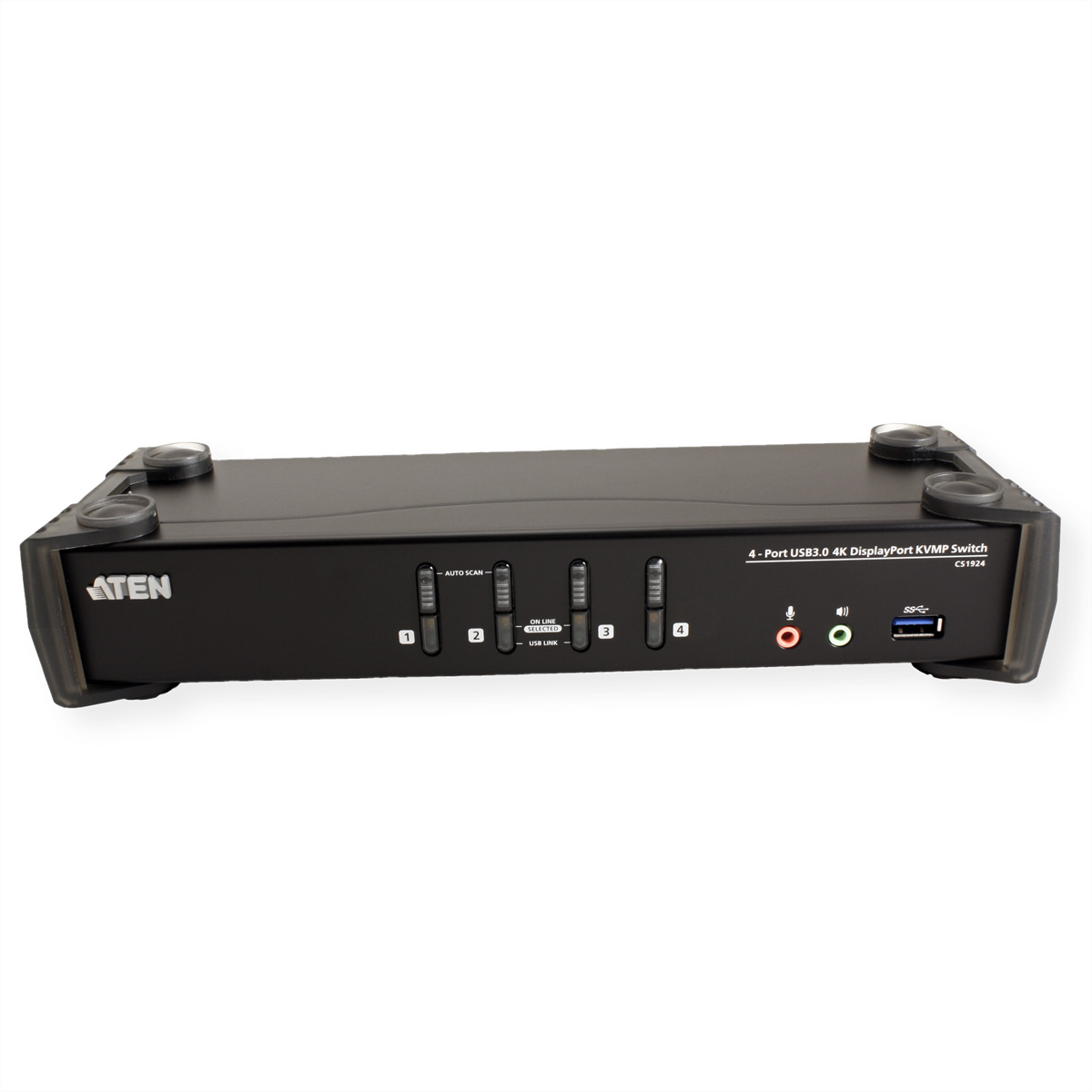 Ein schwarzer 4-Port USB3.0 DisplayPort KVM-Switch mit einigen Anschlüssen und Tasten.