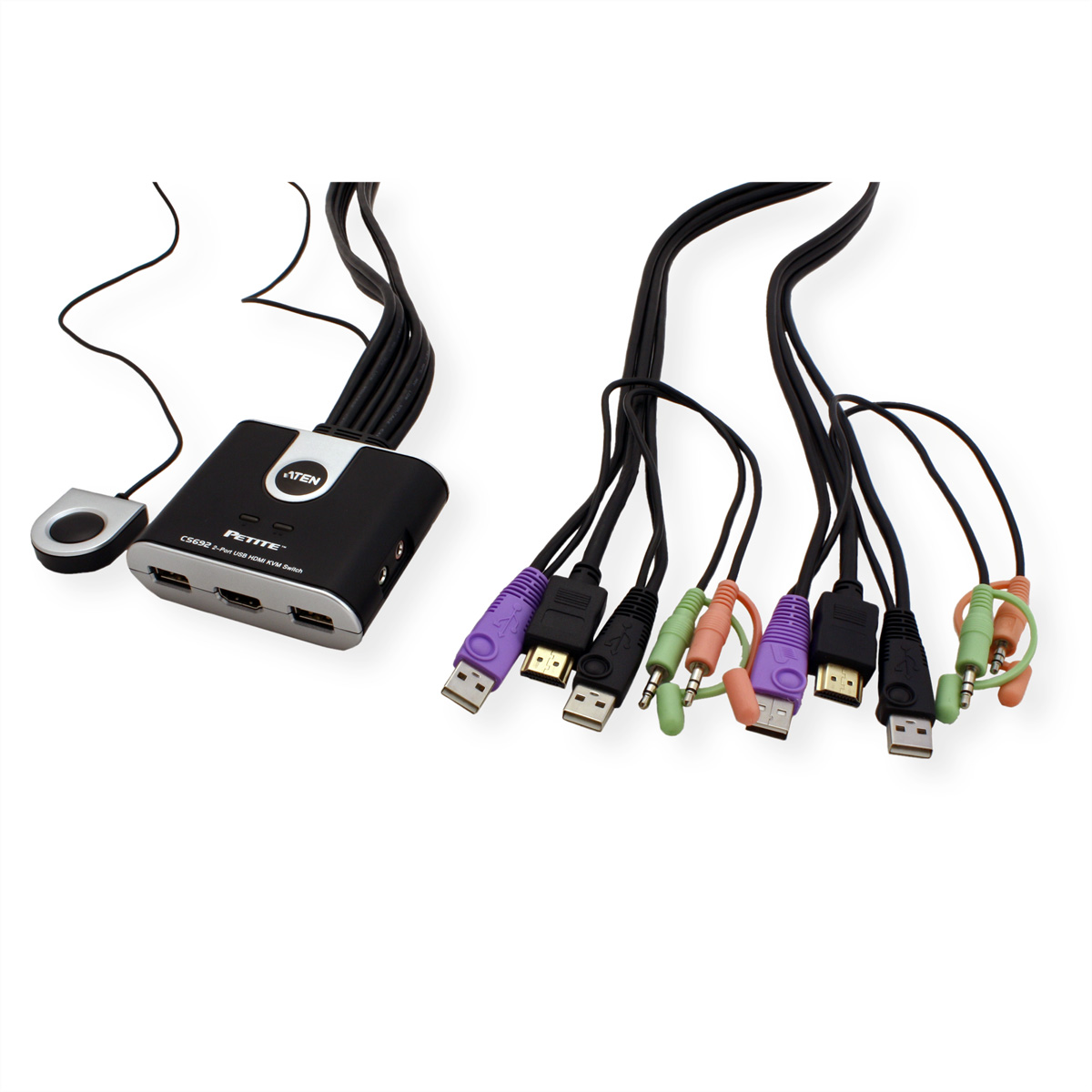 Ein schwarzer KVM-Switch mit vielen angeschlossenen Kabeln, weißer Hintergrund.