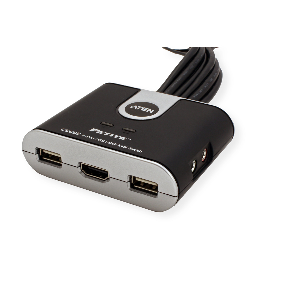 Ein schwarz-silberner KVM-Switch mit mehreren Anschlüssen und dem ATEN-Logo wird gezeigt.