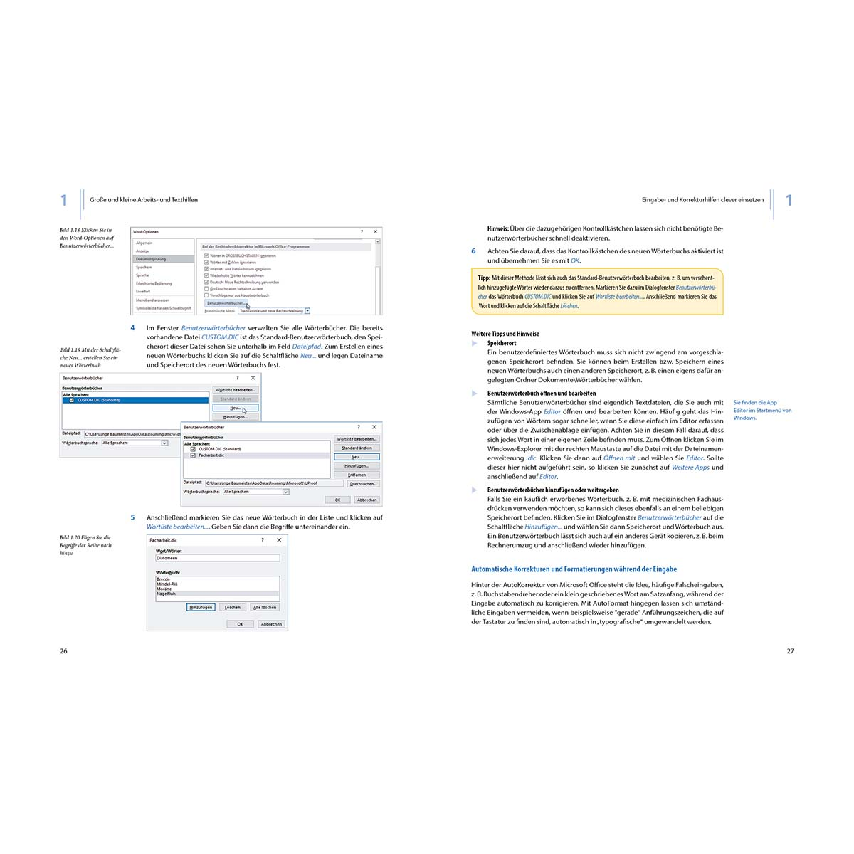 Buchseiten mit Text und Screenshots einer Software.