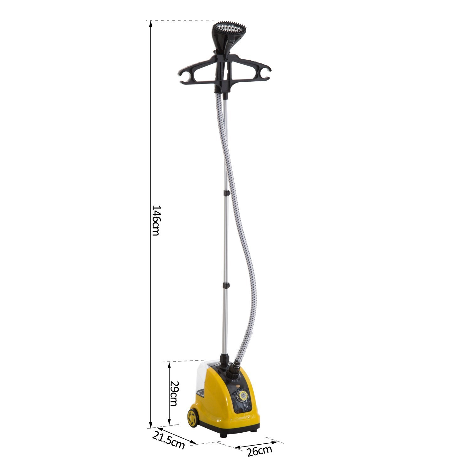 Vaporizador de ropa amarillo y negro con anotaciones de dimensiones: 146 cm alto, base 29 cm, 26 cm ancho.