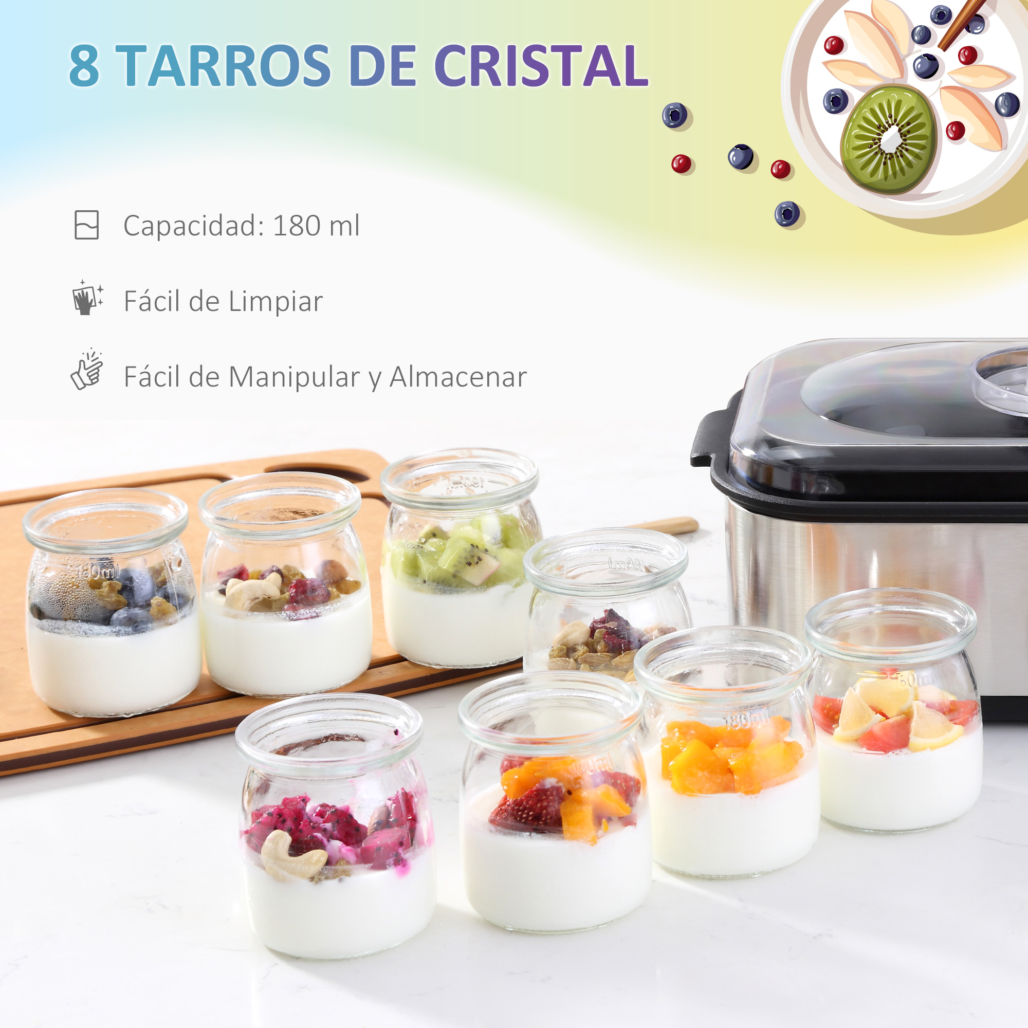 Tarros de vidrio llenos de yogur y fruta. Varias frutas como arándanos, kiwi y mango.